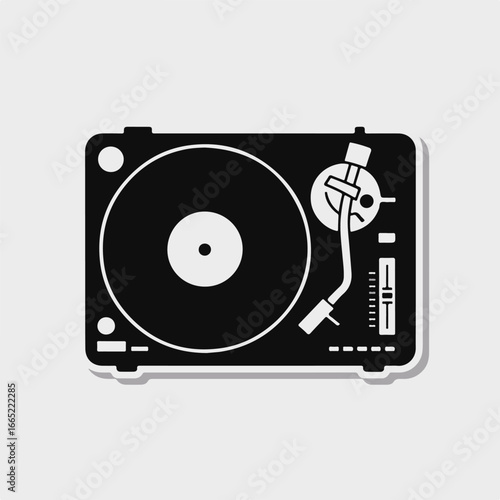 A black and white turntable with a vinyl record creates a retro and cool sticker design, perfect for music lovers and djs isolated on white background