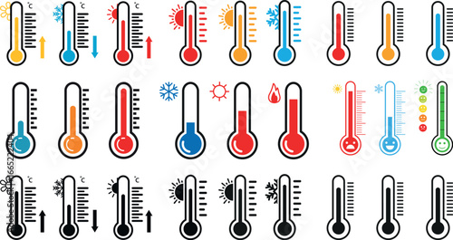 Thermometer temperature up and down icon Red and Blue Color and Yellow. Thermometer Icons Set | Hot and Cold Temperature Vector Illustration