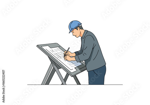 Architect Drawing Plans on Desk, Hardhat. No background, isolated for designs