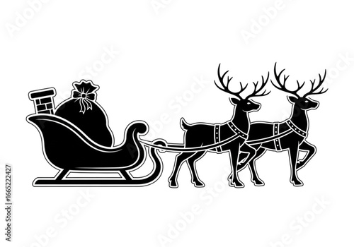 Black Silhouette of Santa's Sleigh with Two Reindeer and a Gift Bag, Festive Christmas Icon, Vector Graphic