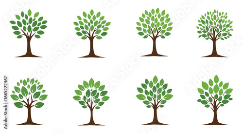 A collection of eight different tree illustrations with green leaves and brown trunks