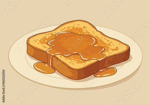 Bread slice served with syrup, on plate with beige background. Food blog use