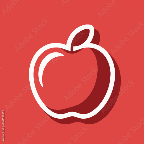 A white apple sticker with a red background, perfect for health, nutrition, and education themes, with a clean and modern design