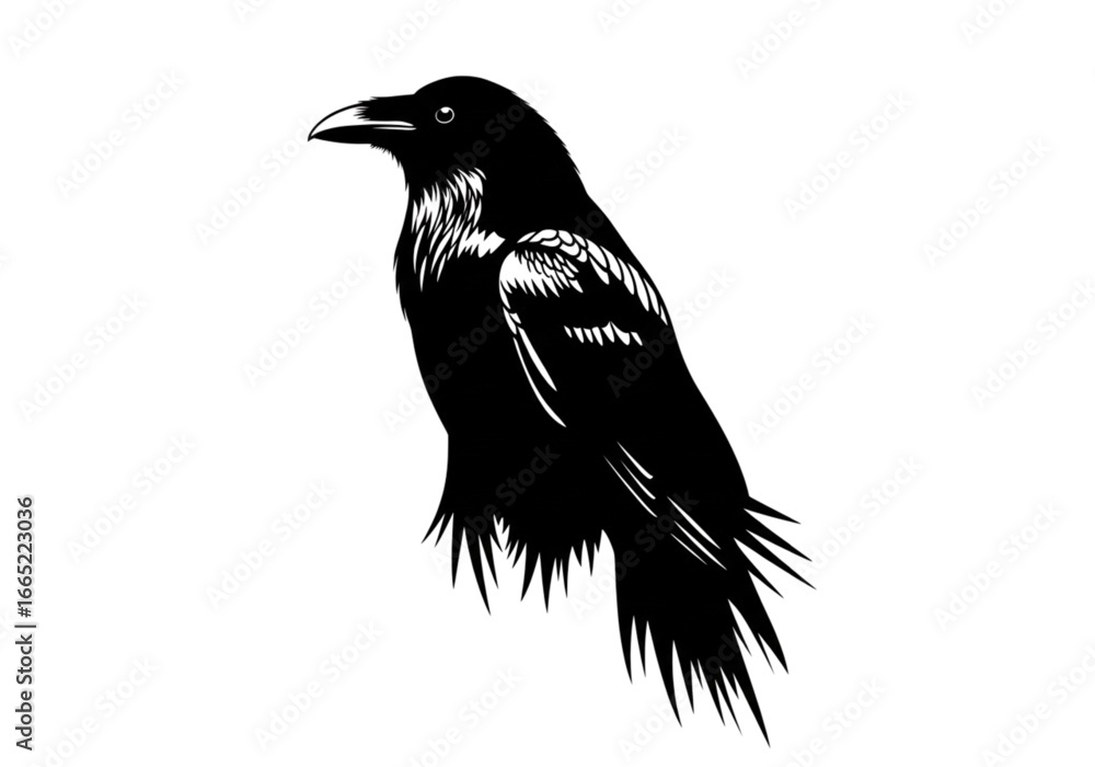 Fototapeta premium Silhouette of a black raven perched against a white background, a striking graphic illustration perfect for dark, mystical, or gothic themes.