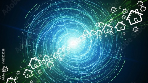 Glowing wireframe houses spiral towards a central light, symbolizing a connected smart home network and a digital community.