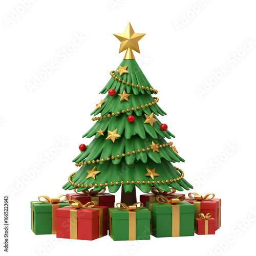 3D Render of Green Christmas Tree with Gold and Red Ornaments and Gifts