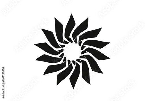 Abstract Black Swirl Starburst Graphic Design Symbol of Energy and Motion, Geometric Pattern with Sharp Petals on White Background