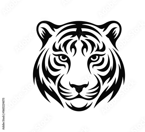 Black and white tribal-style tiger face illustration with symmetrical eyes, flame patterns, and geometric tribal design on white background