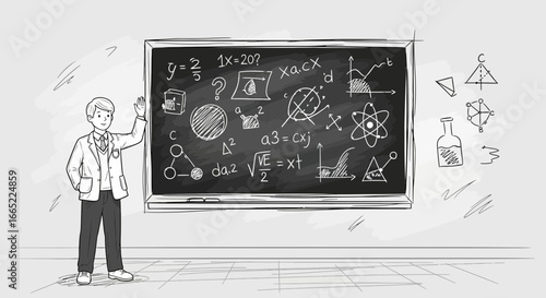 A cartoon illustration depicting a teacher explaining mathematics on a chalkboard concept for