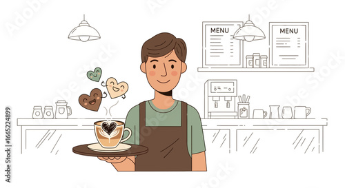 A charming cartoon illustration featuring a barista serving a latte with heart art design