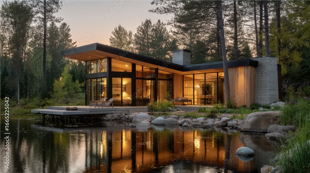 Obraz premium A contemporary house features extensive glass windows and a striking design, situated by a tranquil lake