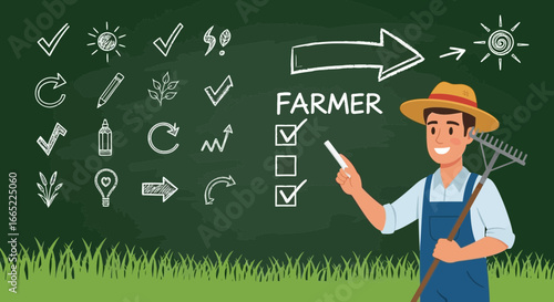 A cheerful farmer explaining agricultural processes with chalk drawings on a board