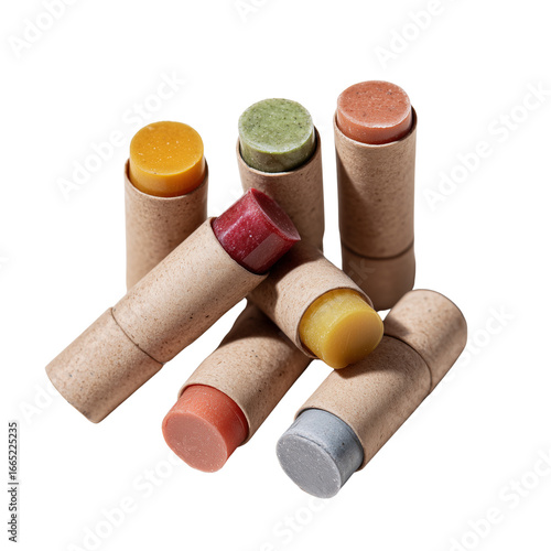 Sustainable vegan lip balm collection biodegradable tubes natural ingredients eco-friendly beauty products transparent background