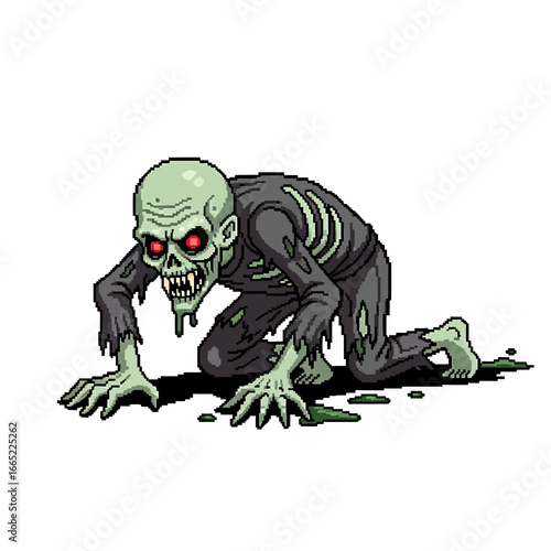 Pixelated zombie creeping, with glowing red eyes and decaying flesh.