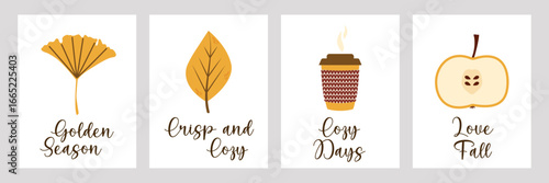Set of autumn-themed vector cards with ginkgo leaf, maple leaf, coffee cup, and apple slice featuring cozy seasonal typography.