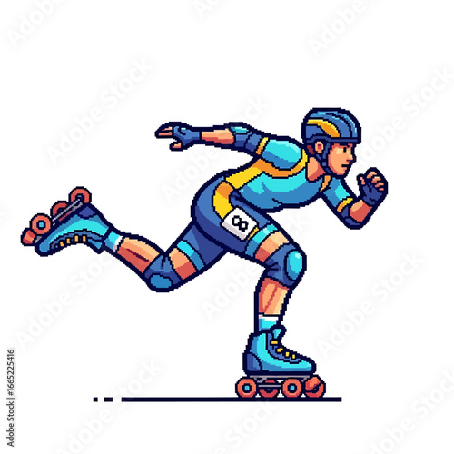 A speed skater in full gear, dynamically gliding on roller skates, showcasing athleticism and motion.