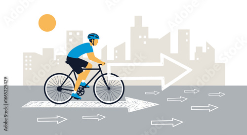 A cyclist rides a bicycle forward with arrows indicating direction in the city