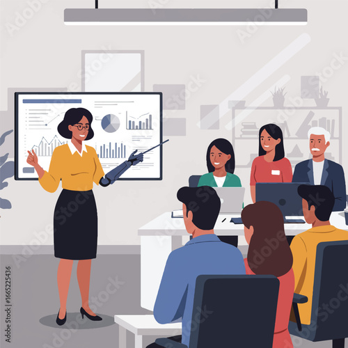 Inclusive office manager with a prosthetic arm confidently presents digital data to a diverse team of colleagues in a modern, professional 2D flat vector illustration.