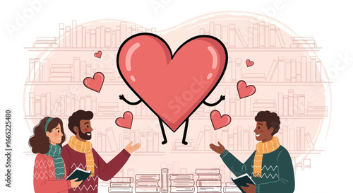 A delightful illustration of love in a library setting with diverse characters and hearts