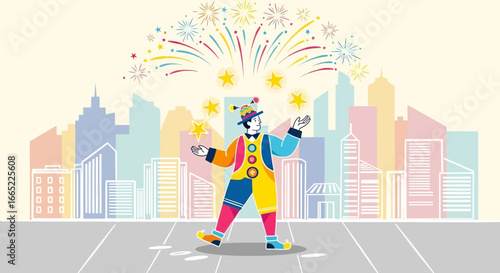 A festive illustration of a clown juggling stars in a vibrant cityscape backdrop