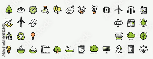 Ecological and Sustainability Icons Set Colorful and Detailed Line Art Depicting Renewable Resources and Green Solutions