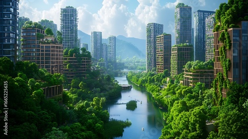 Future city with green buildings and river flowing through an eco-friendly landscape