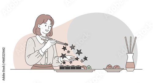 A happy woman enjoys a meal of sushi while conjuring stars with chopsticks