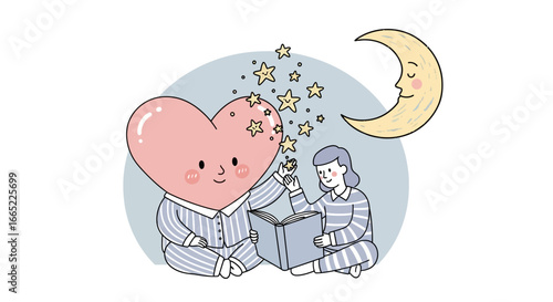 A heartwarming bedtime story with a heart character and a girl under the moon