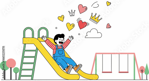 A joyful cartoon illustration depicting a child sliding down a slide in a playground setting
