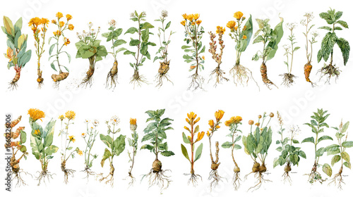 Botanical watercolor illustration of medicinal plants with roots, stems, leaves, and flowers. Perfect for herbal remedies, organic farming, and natural medicine design.
