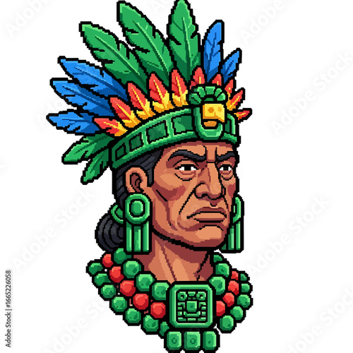 Pixel art portrait of a Mayan leader, adorned with colorful headdress and jewelry.