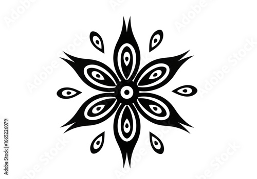 Black and White Star Anise Mandala Tattoo Design with Abstract Petals and Droplet Accents A Unique Geometric Floral Illustration