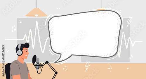 A man recording a podcast with microphone and headphones with speech bubble backdrop