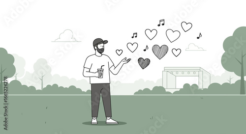 A modern man enjoying a day in the park expressing love and joy through music and hearts