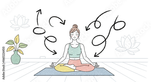 A peaceful woman in lotus position practicing meditation surrounded by nature elements