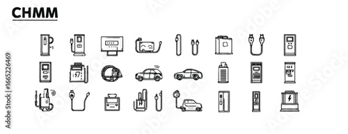 Electric Vehicle Charging Station and Battery Set Line Art Style Simple and Modern Design Ideal for Infographics and Presentations