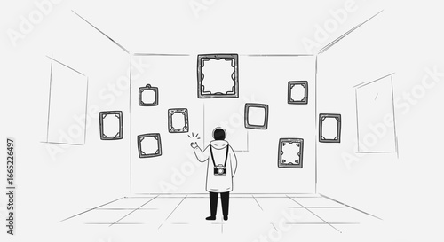 A person in an art gallery admiring framed artwork sketched in a minimalist style
