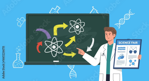 A scientist presenting a science fair project showcasing scientific concepts and knowledge