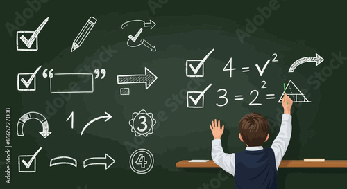 A student solves mathematics problems on the chalkboard in the classroom with chalk illustration