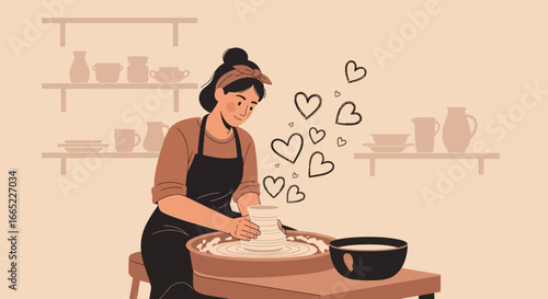 A talented potter creating beautiful ceramics with love and passion in her cozy workshop studio