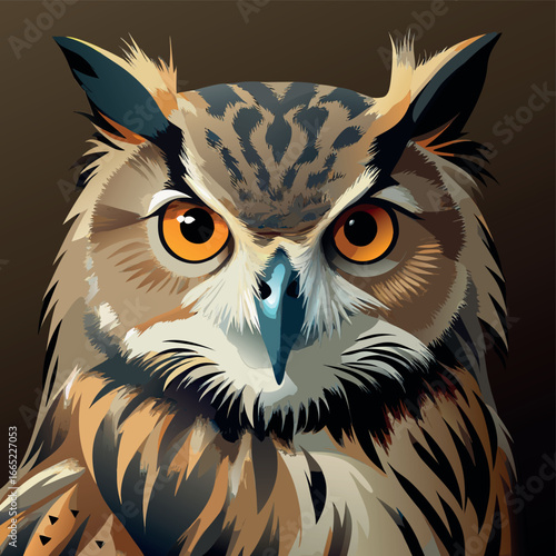 Striking portrait of a fierce owl with vivid orange eyes and detailed feathers against a dark background Generative AI
