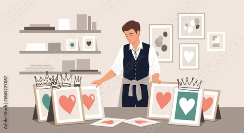 A thoughtful artist curating heartfelt art prints in a cozy home studio setting