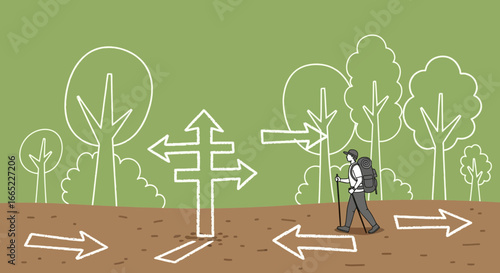 A traveler stands before a crossroads of choices in the midst of nature illustration