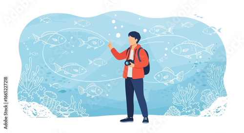 A traveler man fascinated by marine life in an aquarium exhibition with many fish
