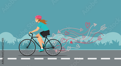 A woman cycling with love arrows emanating from her rear wheel leaving love behind her while