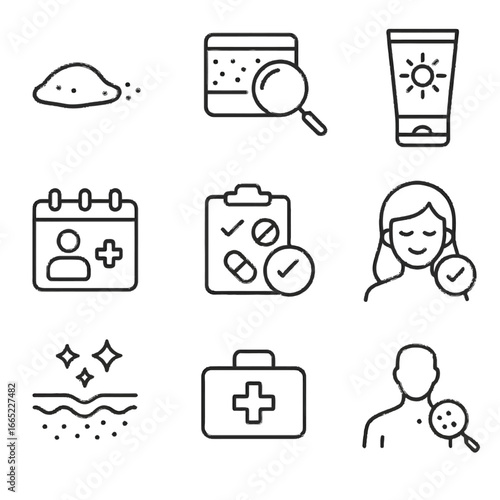 Skincare and wellness icons in minimalistic linear black outline on gradient gray background