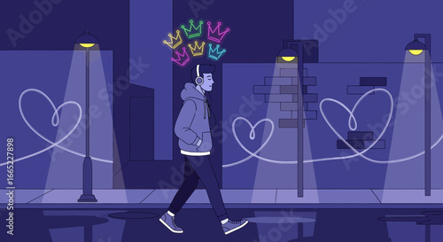 A young man walking in a street with crowns above his head, feeling like a king in the heart of