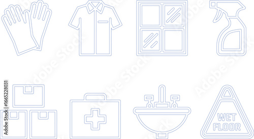 Blue Outline Cleaning Set with Gloves, Shirt, Window, Spray, Boxes, First Aid Kit, Sink, and Sign