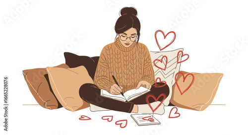 A young woman with glasses writing in a notebook surrounded by pillows and hearts creates a cozy