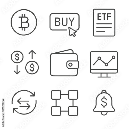 Black line icons for cryptocurrency trading and investment concepts